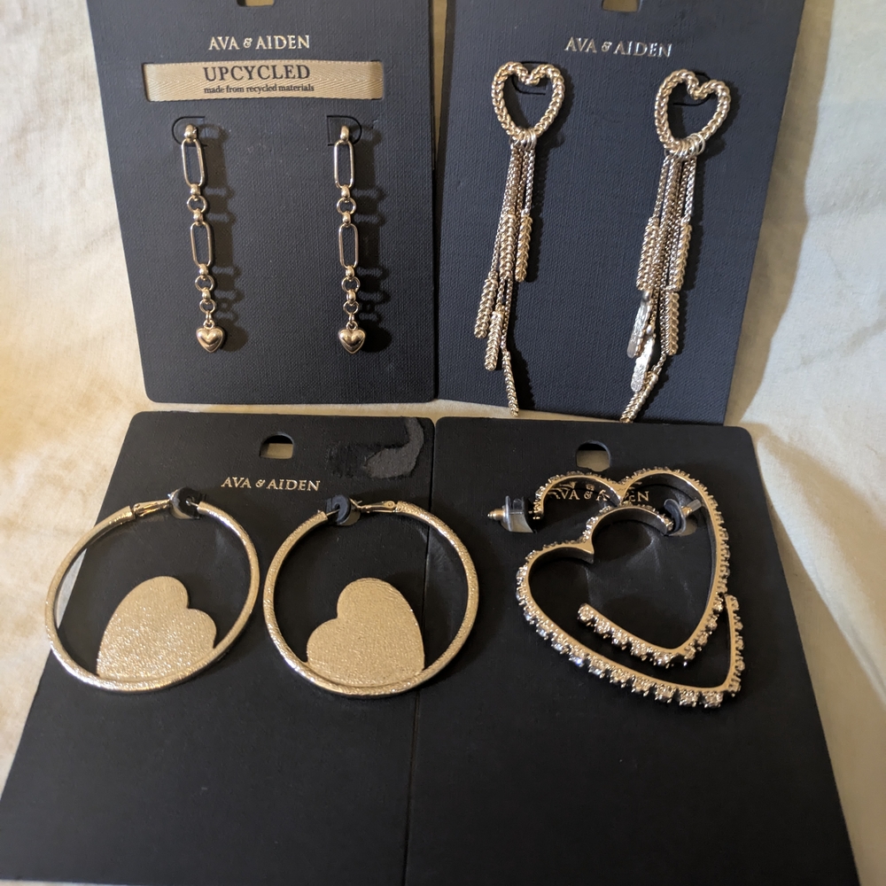 Goldtone Heart Hoops & Heart Dangle Earring Set 4 piece earnings set